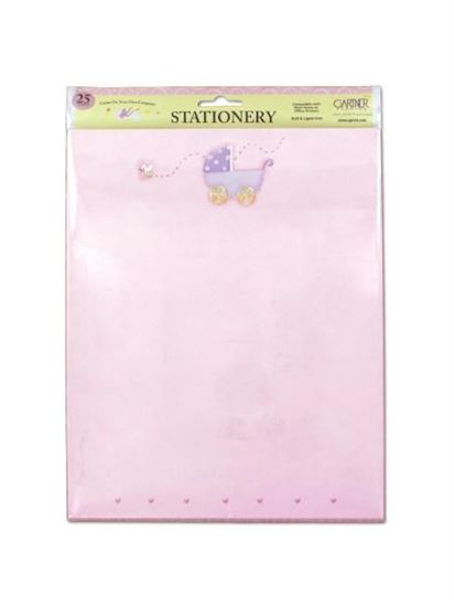 Picture of Pink baby stationery with baby carriage, pack of 25 sheets (Available in a pack of 24)