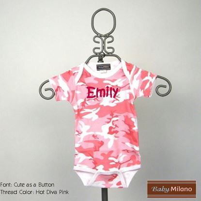 Picture of Personalized Pink Camo Long Sleeve Baby Onesie with Name by Baby Milano