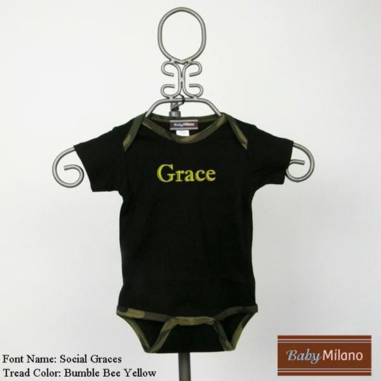 Picture of Personalized Black and Green Camo Trim Baby Onesie with Name by Baby Milano