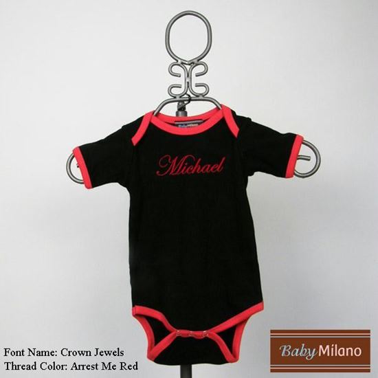 Picture of Personalized Black and Red Trim Baby Onesie with Name by Baby Milano