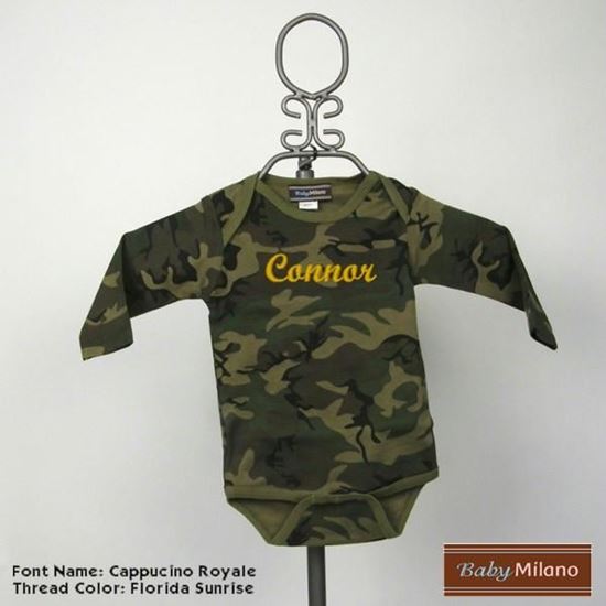 Picture of Personalized Camouflage Long Sleeve Baby Onesie with Name by Baby Milano