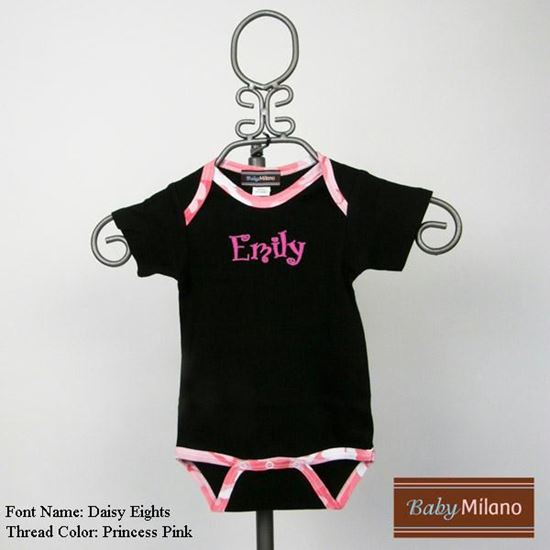 Picture of Personalized Black and Pink Camo Trim Baby Onesie with Name by Baby Milano