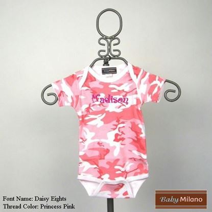 Picture of Personalized Pink Camo Baby Onesie with Name by Baby Milano
