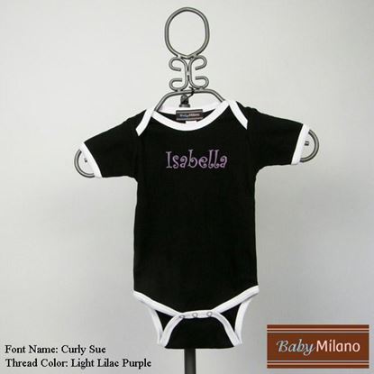 Picture of Personalized Black and White Trim Baby Onesie with Name by Baby Milano